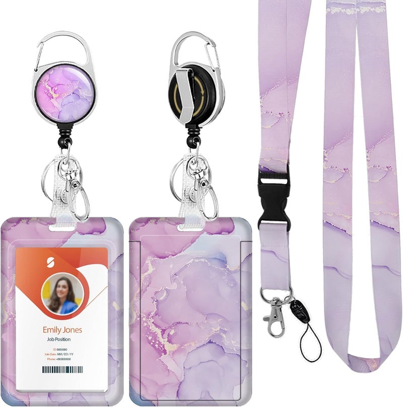 Boutilon ID Badge Holder with Lanyard,Retractable ID Badge Card Holders Detachable Neck Lanyard Strap with Badge Reel and Vertical ID Holder for Nurse Students Teachers Office Staff(Marble Light Purple) - Image 1